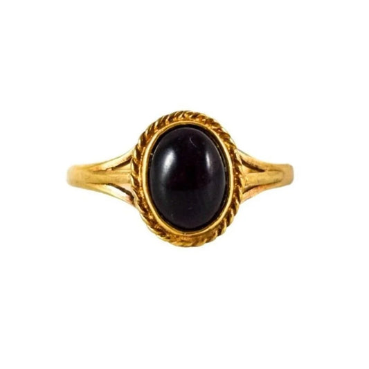 Vintage Victorian style 9ct yellow gold cabochon onyx dress with gadrooned split-shank ring, size M