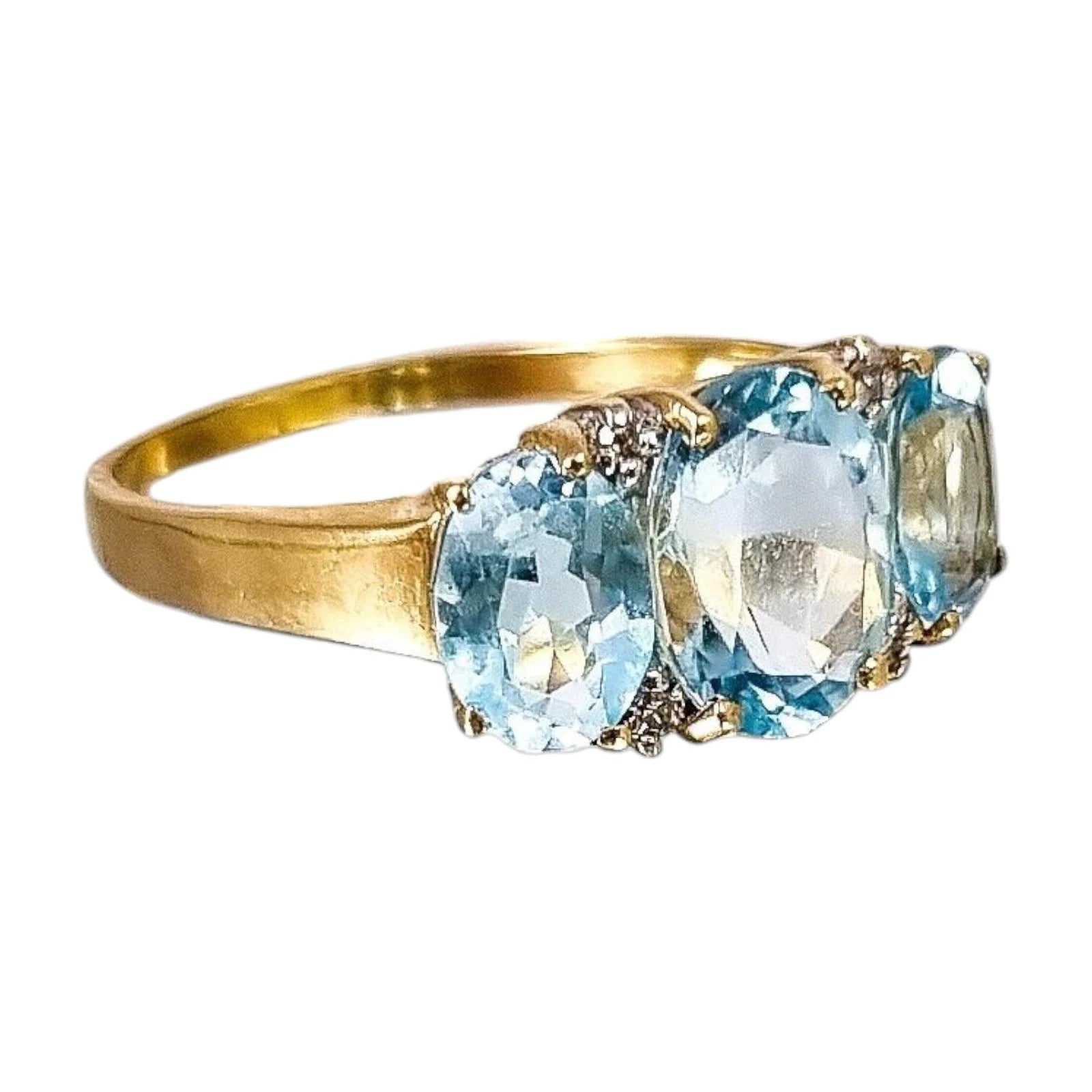 Vintage 9ct yellow gold blue topaz and diamond trilogy three stone cocktail ring, size P 1/2
