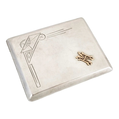 Art Deco Polish solid silver 9 ct gold large cigarette case geometric engraving “Lewandowski” 117g