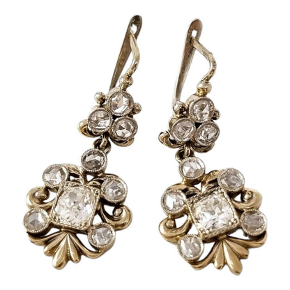 Boxed Edwardian 2.10 ct rose & old-cut diamond drop trefoil cluster earrings