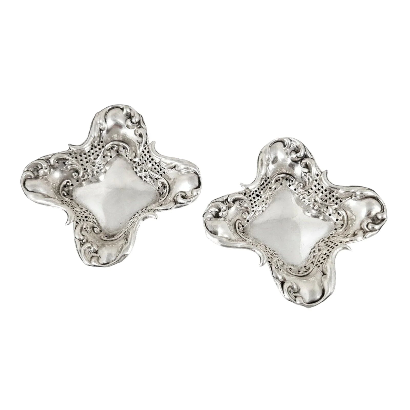 Sterling silver Art Nouveau pair of bonbon baskets of fluted square form