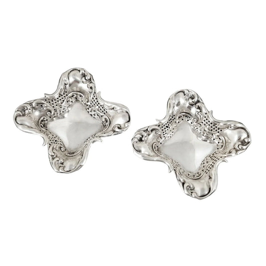 Sterling silver Art Nouveau pair of bonbon baskets of fluted square form