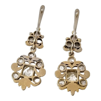 Boxed Edwardian 2.10 ct rose & old-cut diamond drop trefoil cluster earrings