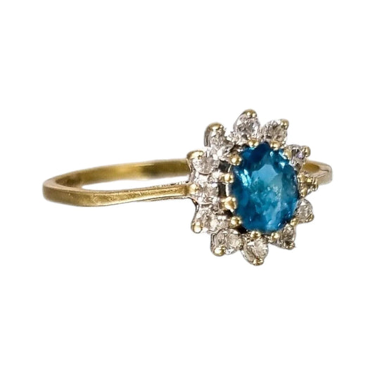 Vintage 9ct yellow gold, blue topaz floral cluster halo ring, size L 1/2