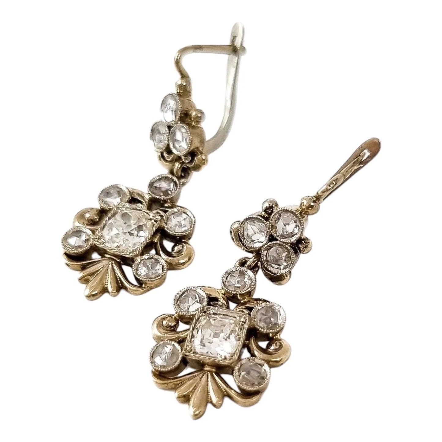 Boxed Edwardian 2.10 ct rose & old-cut diamond drop trefoil cluster earrings