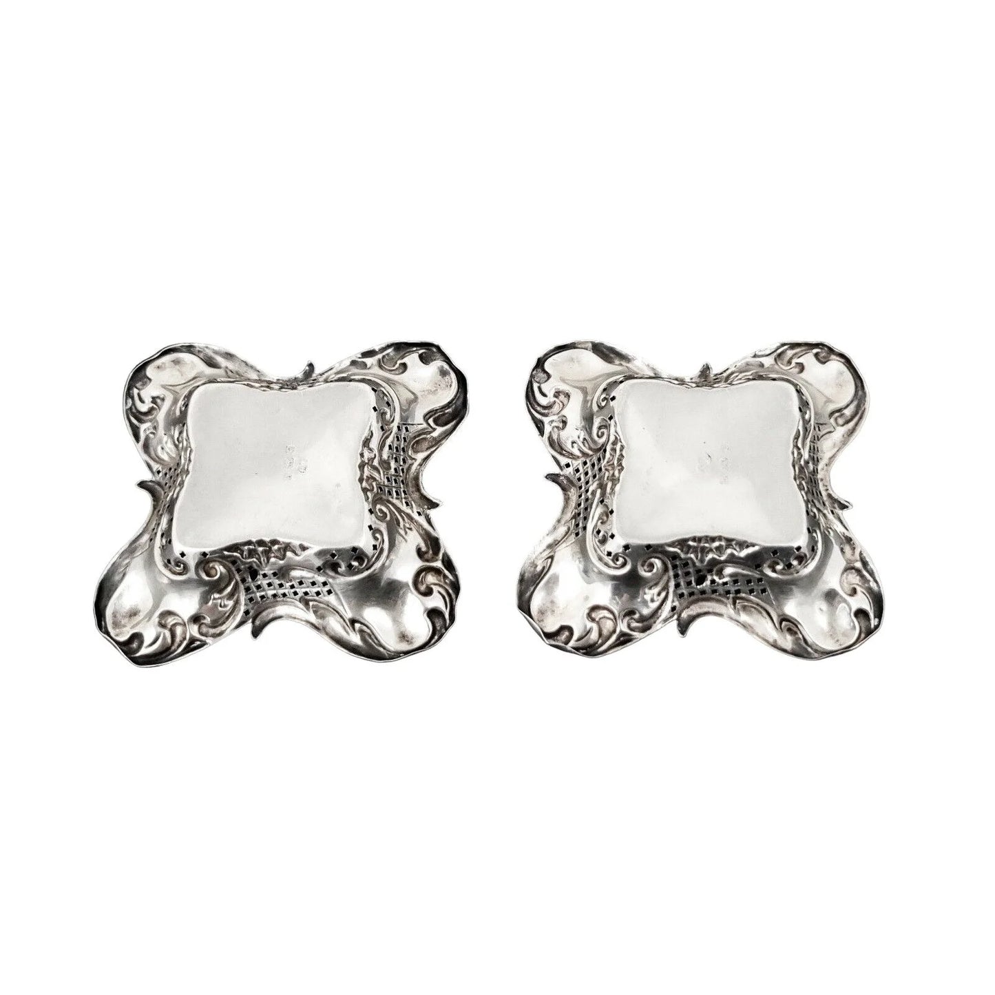 Sterling silver Art Nouveau pair of bonbon baskets of fluted square form