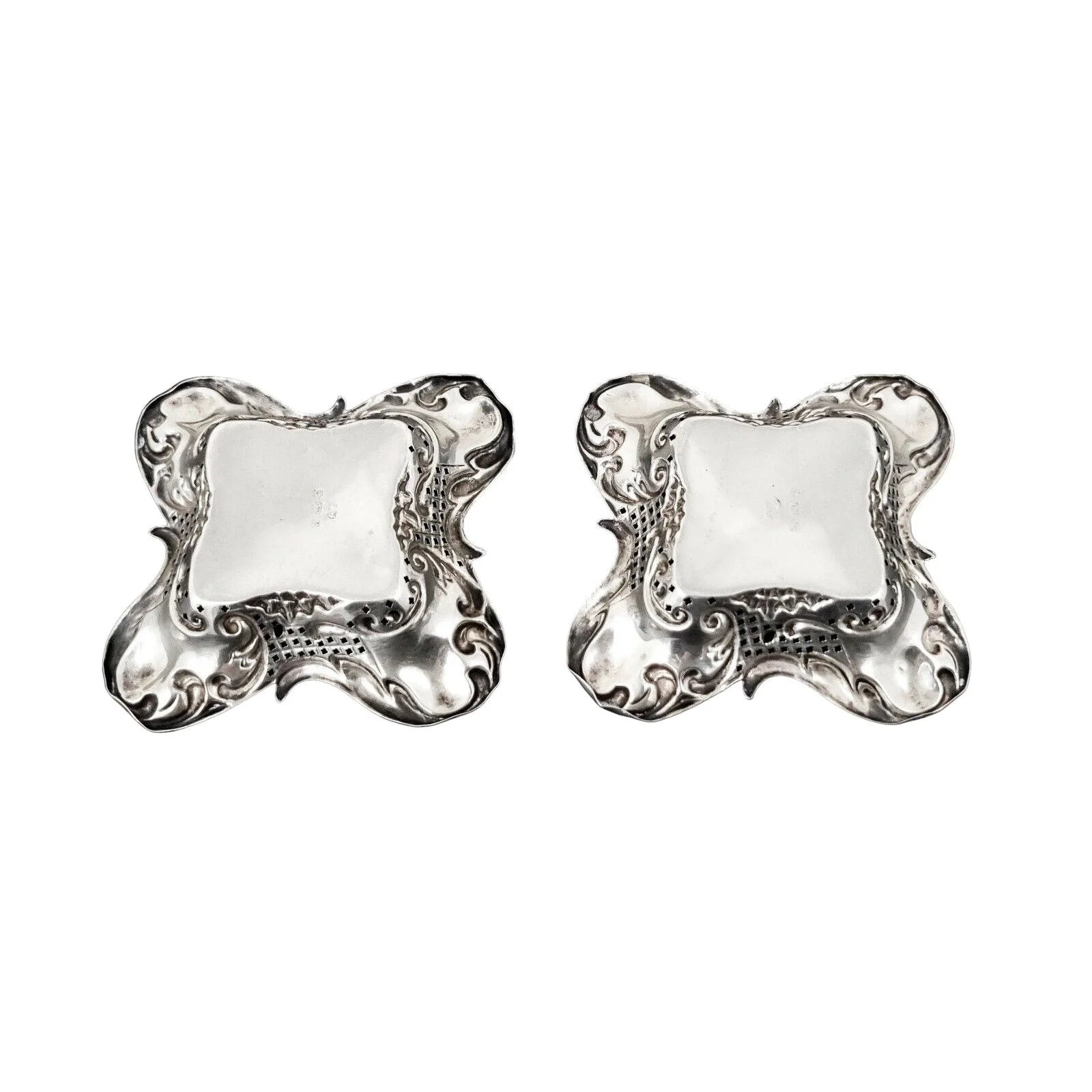 Sterling silver Art Nouveau pair of bonbon baskets of fluted square form