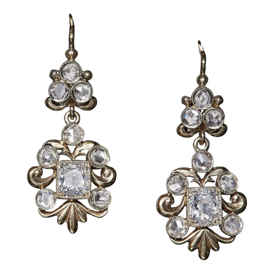 Boxed Edwardian 2.10 ct rose & old-cut diamond drop trefoil cluster earrings