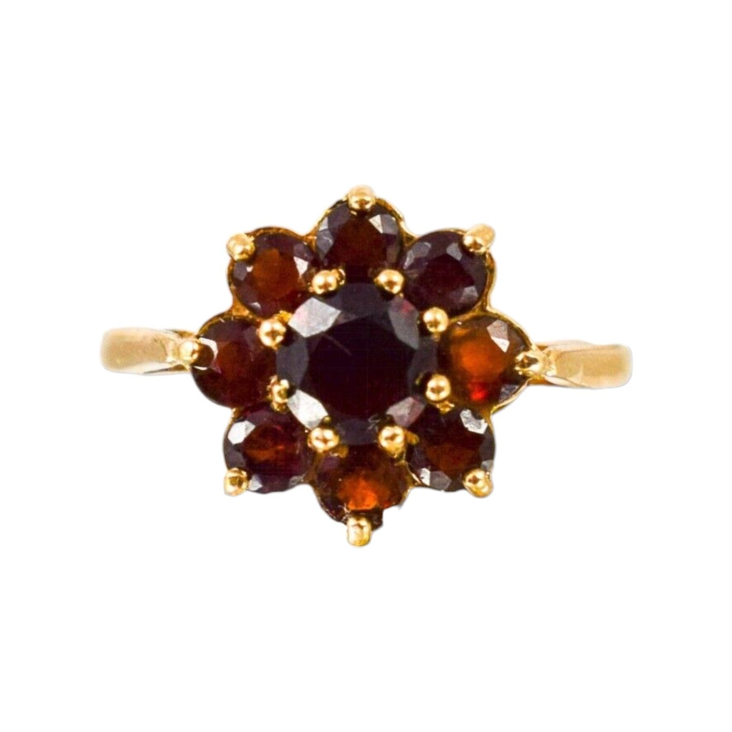 Vintage 9ct yellow gold, round-cut red garnet flower cluster dress ring, size O 1/2