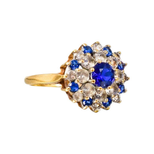 Vintage 1970’s 9ct yellow gold spinel cluster cocktail dress ring, size N 1/2