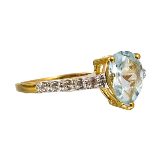 10ct yellow gold with pear-shaped aquamarine and diamonds dress ring, size P 1/2