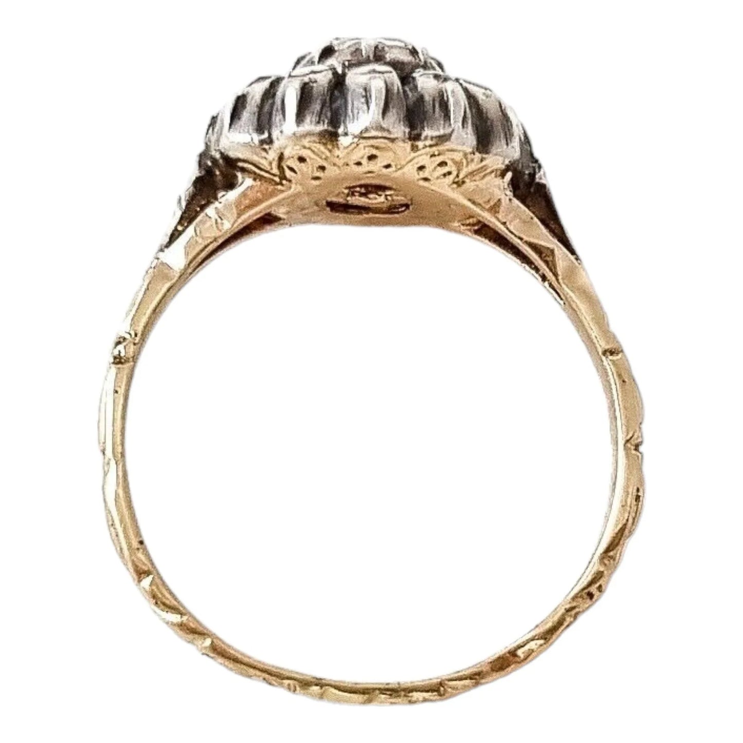 Victorian rose-cut diamond & yellow gold flower cluster ring in Georgian style, size O 1/2