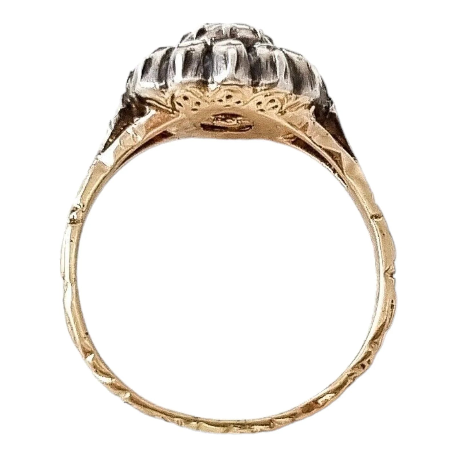 Victorian rose-cut diamond & yellow gold flower cluster ring in Georgian style, size O 1/2