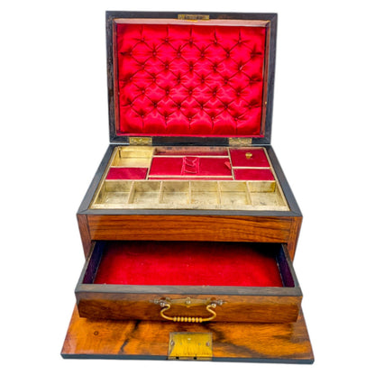 Victorian walnut work and jewellery box with carry handle and button-tufted silk interior
