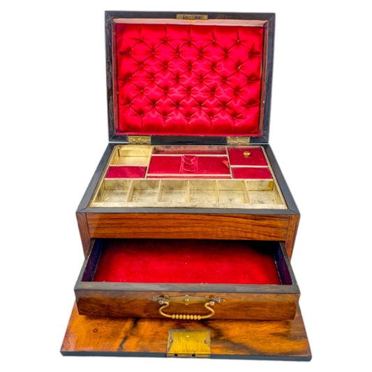 Victorian walnut work and jewellery box with carry handle and button-tufted silk interior