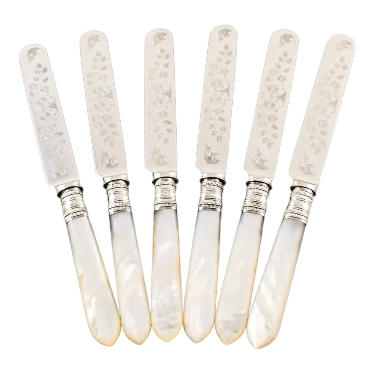 Cased Edwardian 6 person dessert fruit knife set with mother-of-pearl handles and engraved blades