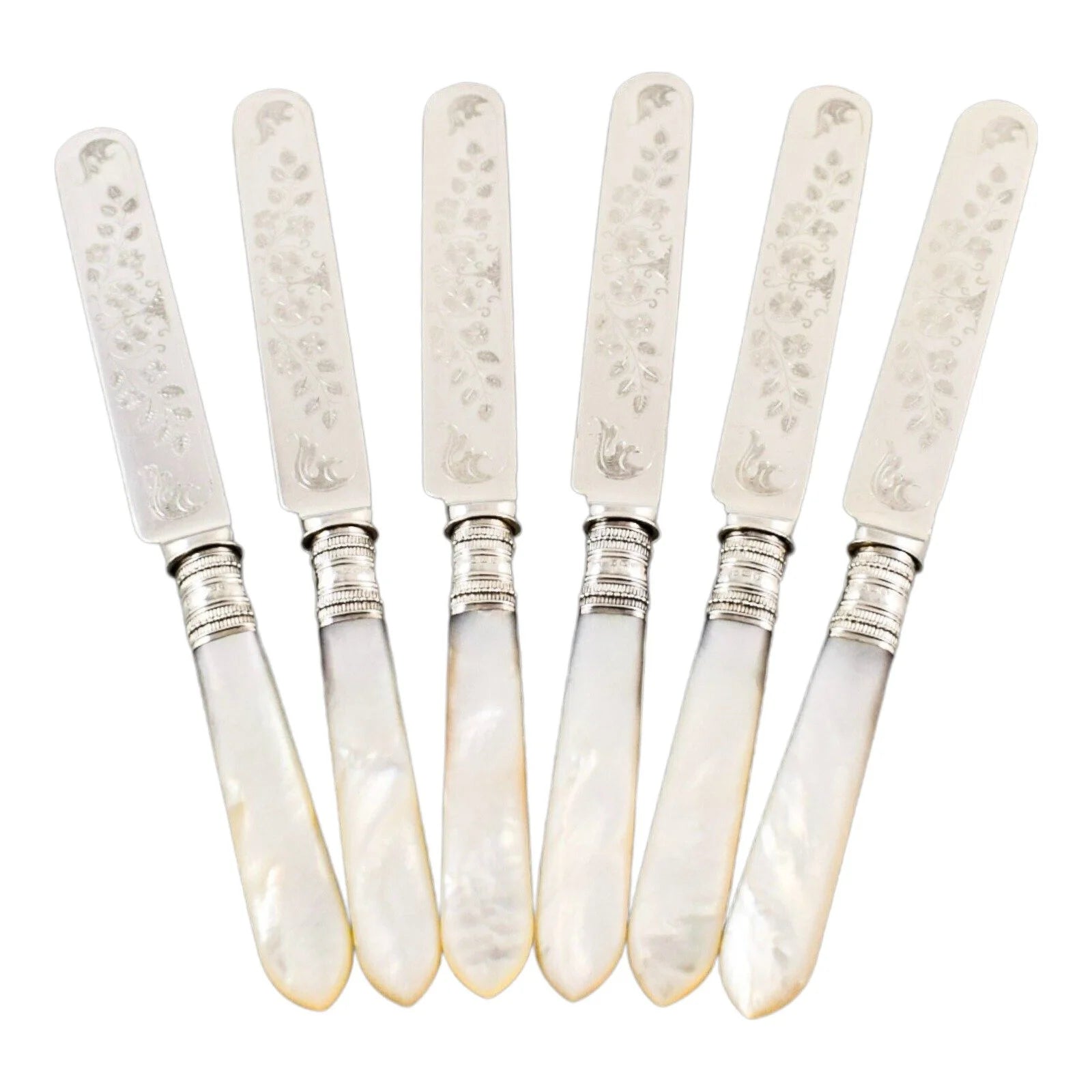 Cased Edwardian 6 person dessert fruit knife set with mother-of-pearl handles and engraved blades