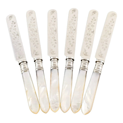 Cased Edwardian 6 person dessert fruit knife set with mother-of-pearl handles and engraved blades