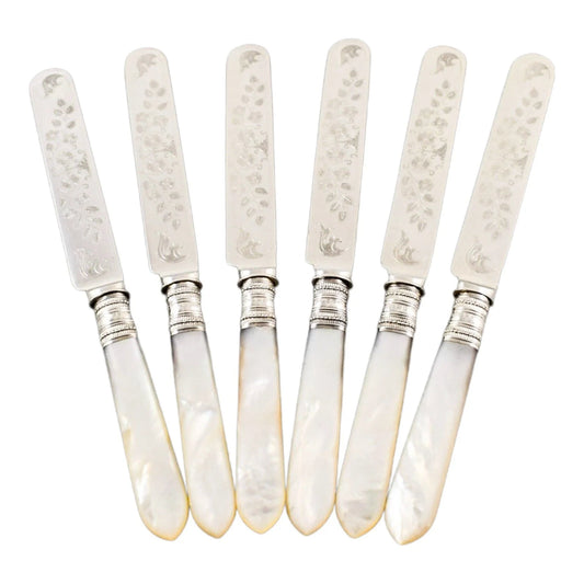 Cased Edwardian 6 person dessert fruit knife set with mother-of-pearl handles and engraved blades