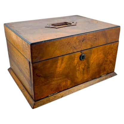Victorian walnut work and jewellery box with carry handle and button-tufted silk interior