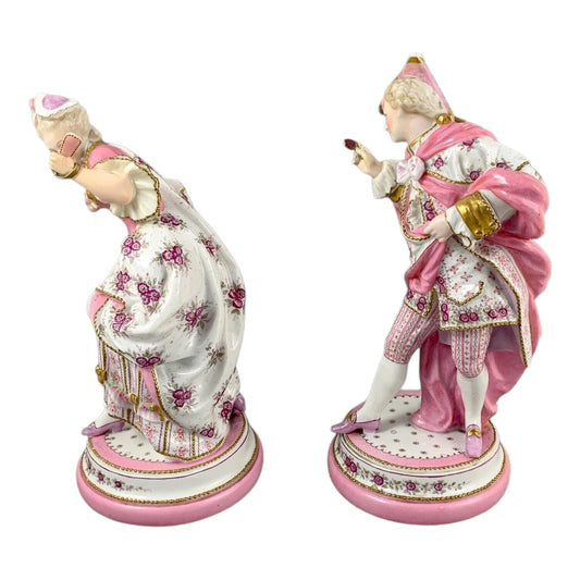 Vion & Baury Paris porcelain pair of 2 figurines of masquerade dancers in Rococo pink floral costumes