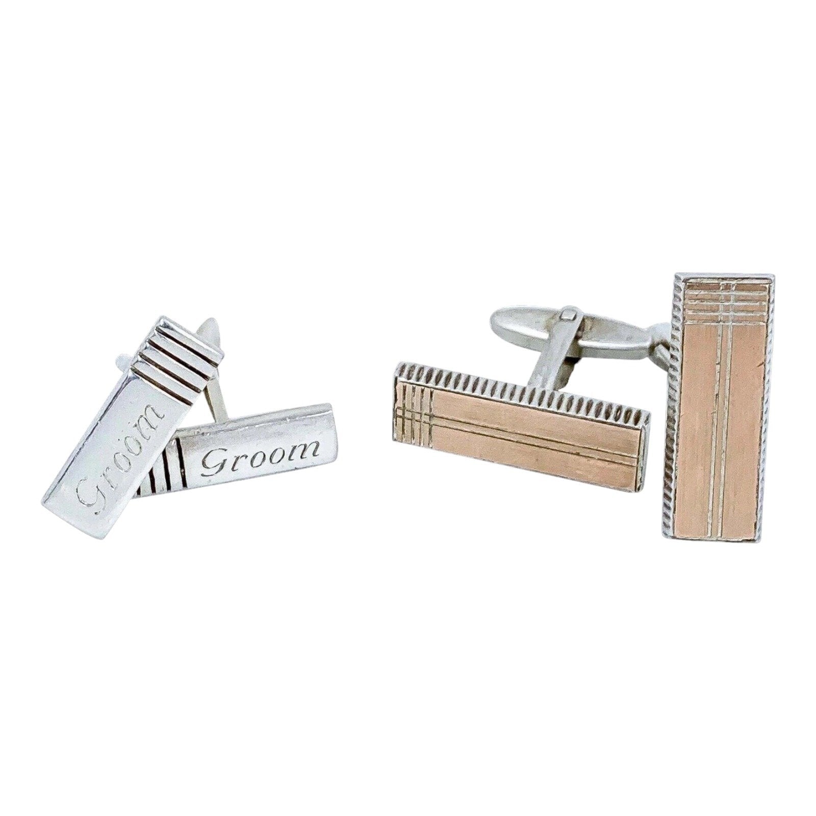 Two pairs of vintage gentlemen's sterling silver cufflinks, pink gold and “Groom” set