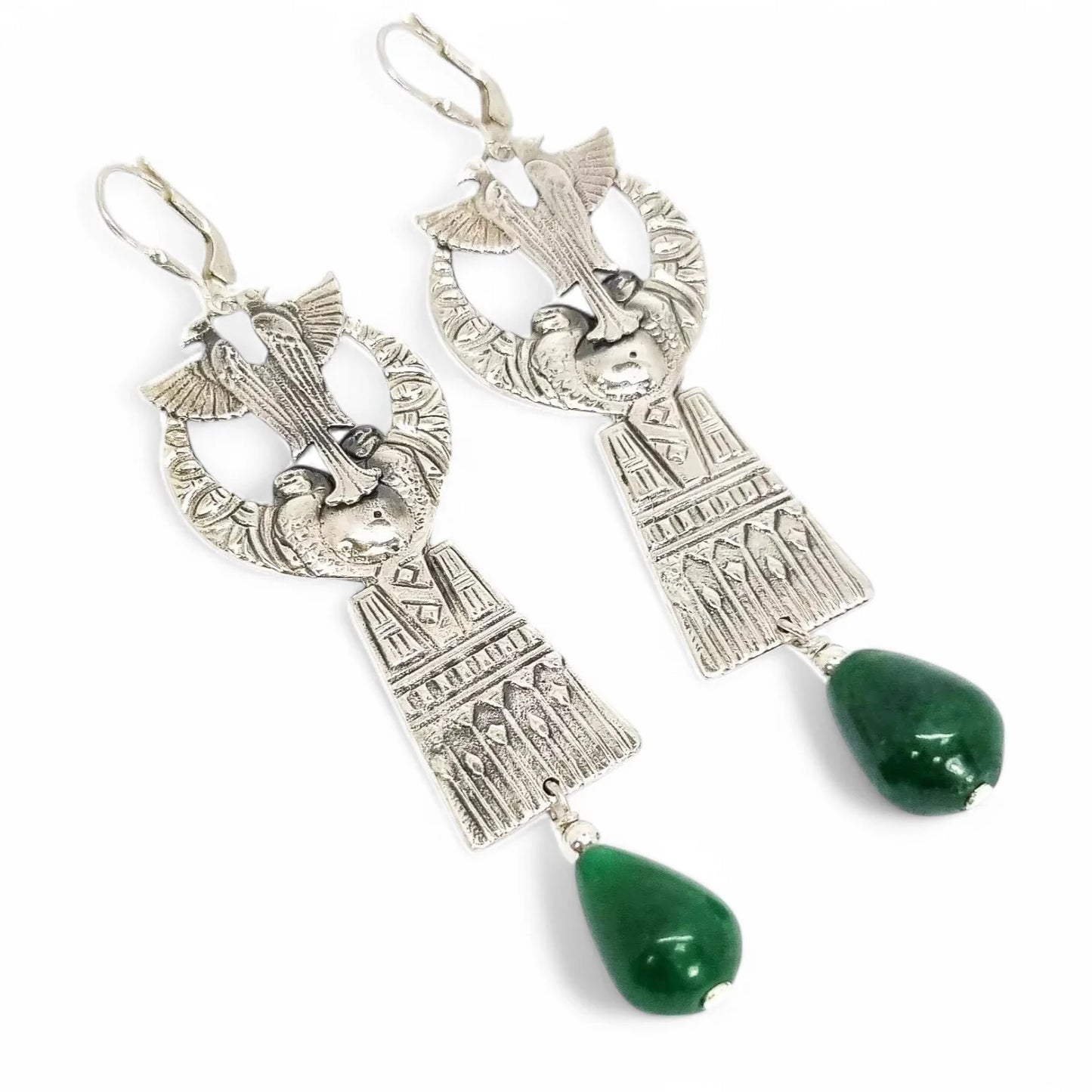 Art Deco Egyptian Revival sterling silver dangle earrings with green jade drops