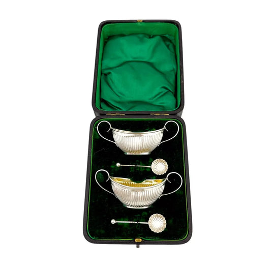 Neoclassical gilt sterling silver boxed navette salts with shell spoons