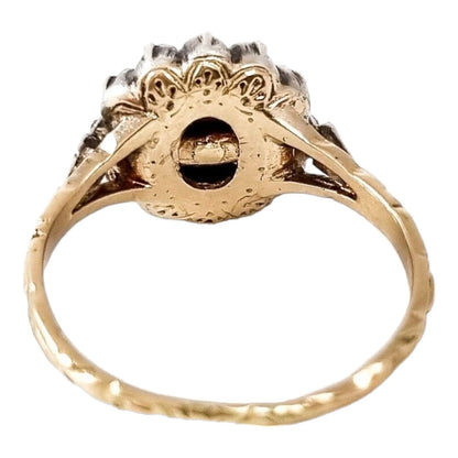 Victorian rose-cut diamond & yellow gold flower cluster ring in Georgian style, size O 1/2