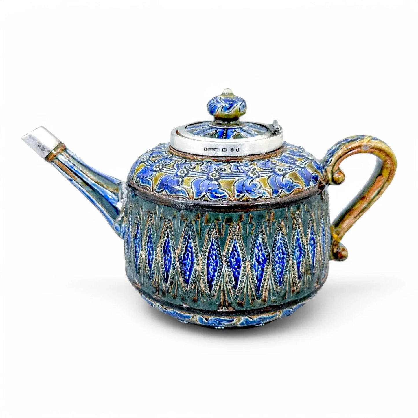 Rare Doulton Lambeth Aesthetic Movement stoneware teapot with sterling silver mounts, Birmingham 1880