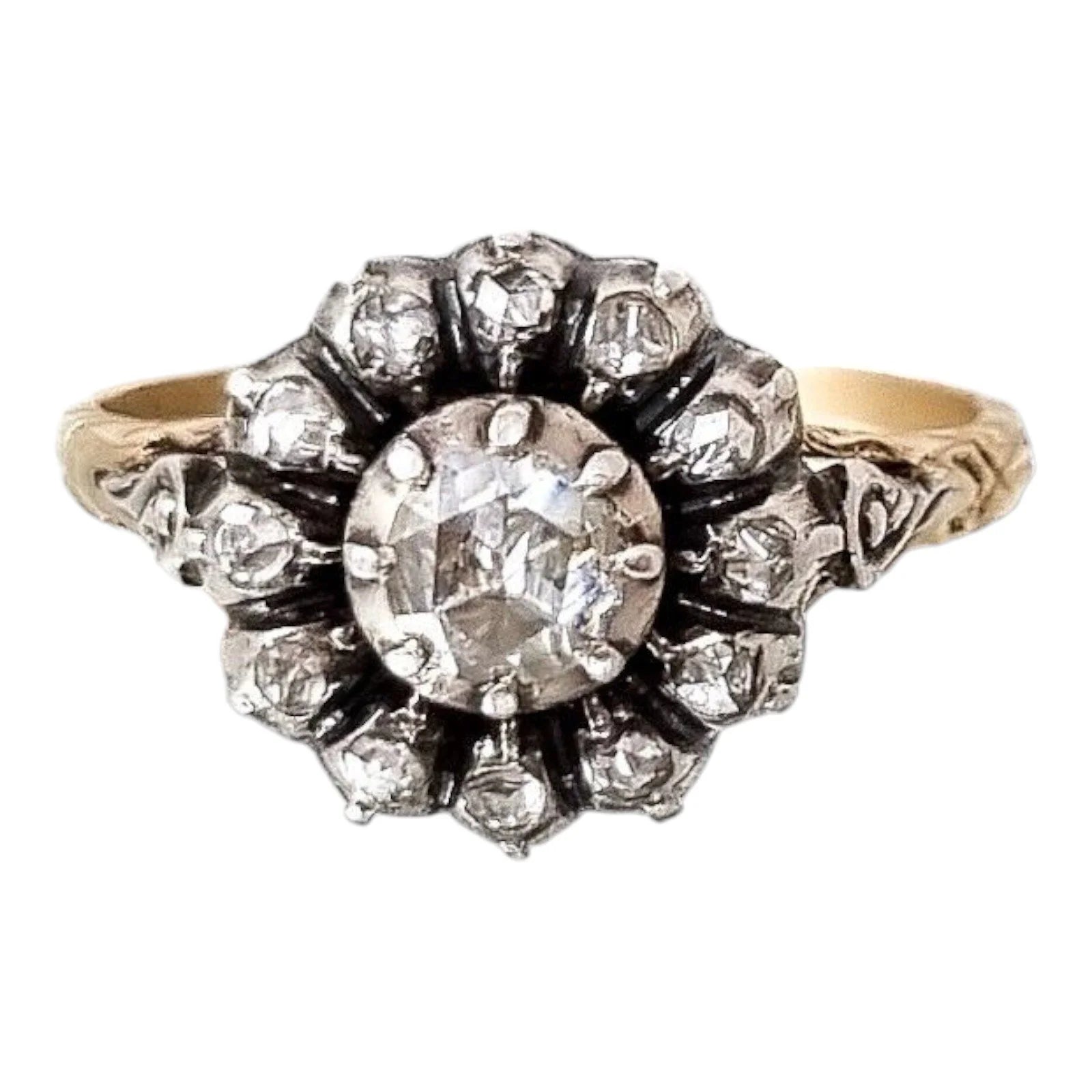 Victorian rose-cut diamond & yellow gold flower cluster ring in Georgian style, size O 1/2