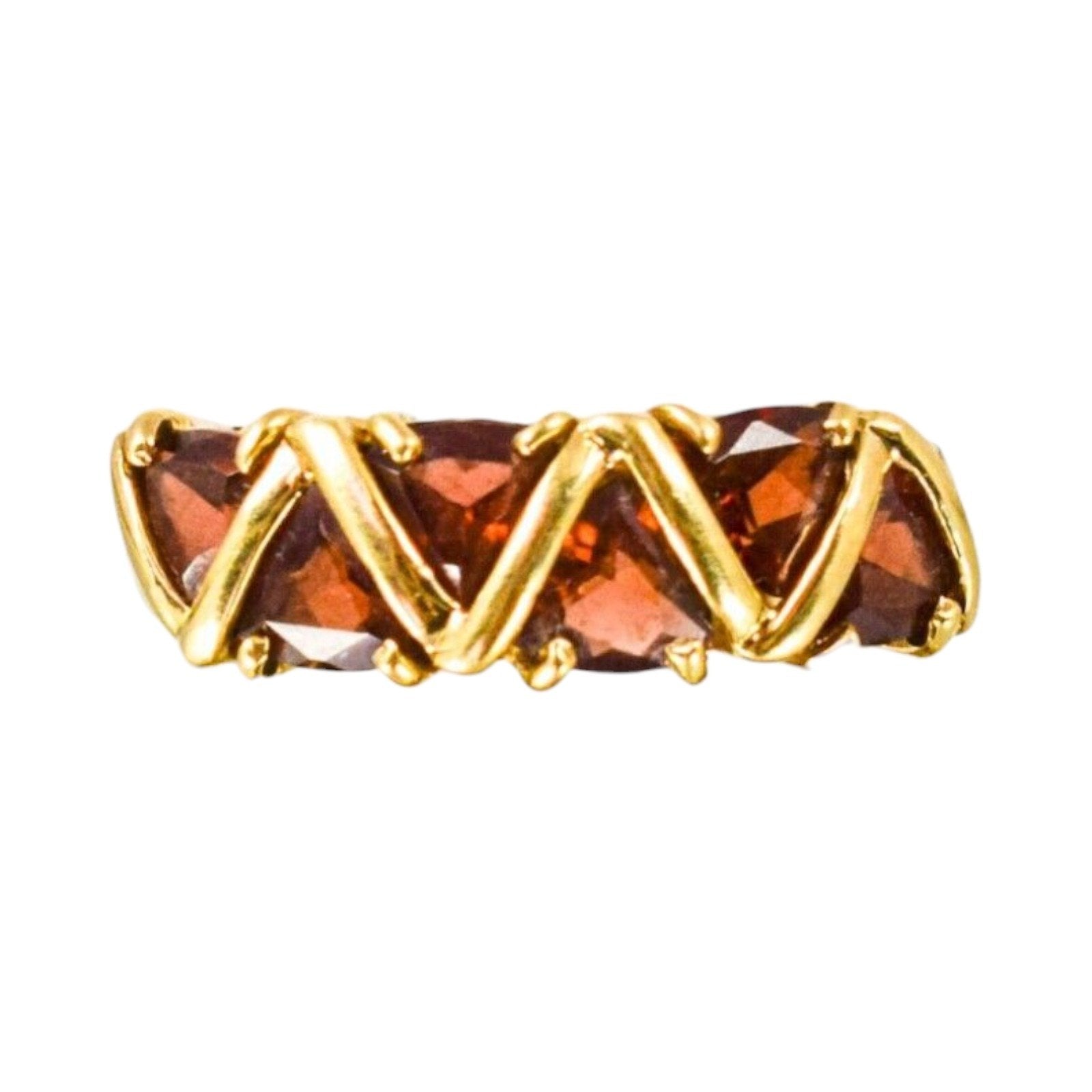 Vintage 9ct yellow gold 6 stone geometric trilliant garnet band bar ring, size R 1/2