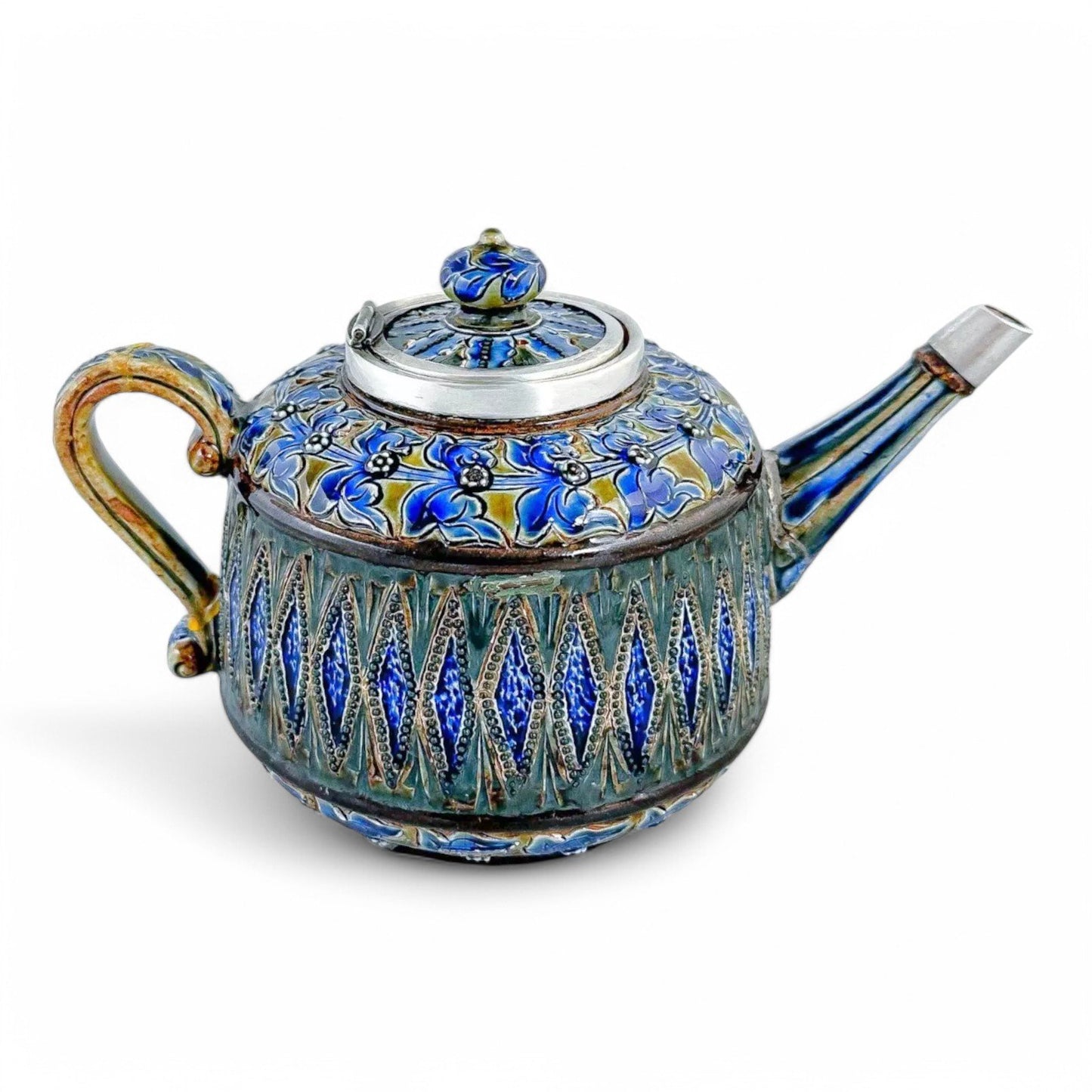 Rare Doulton Lambeth Aesthetic Movement stoneware teapot with sterling silver mounts, Birmingham 1880