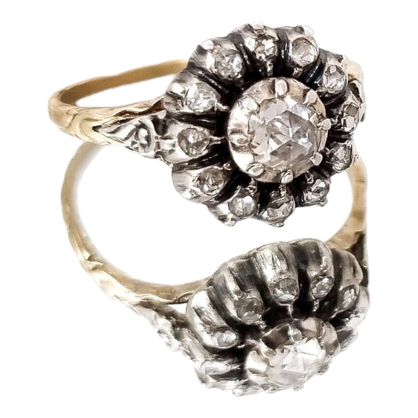 Victorian rose-cut diamond & yellow gold flower cluster ring in Georgian style, size O 1/2