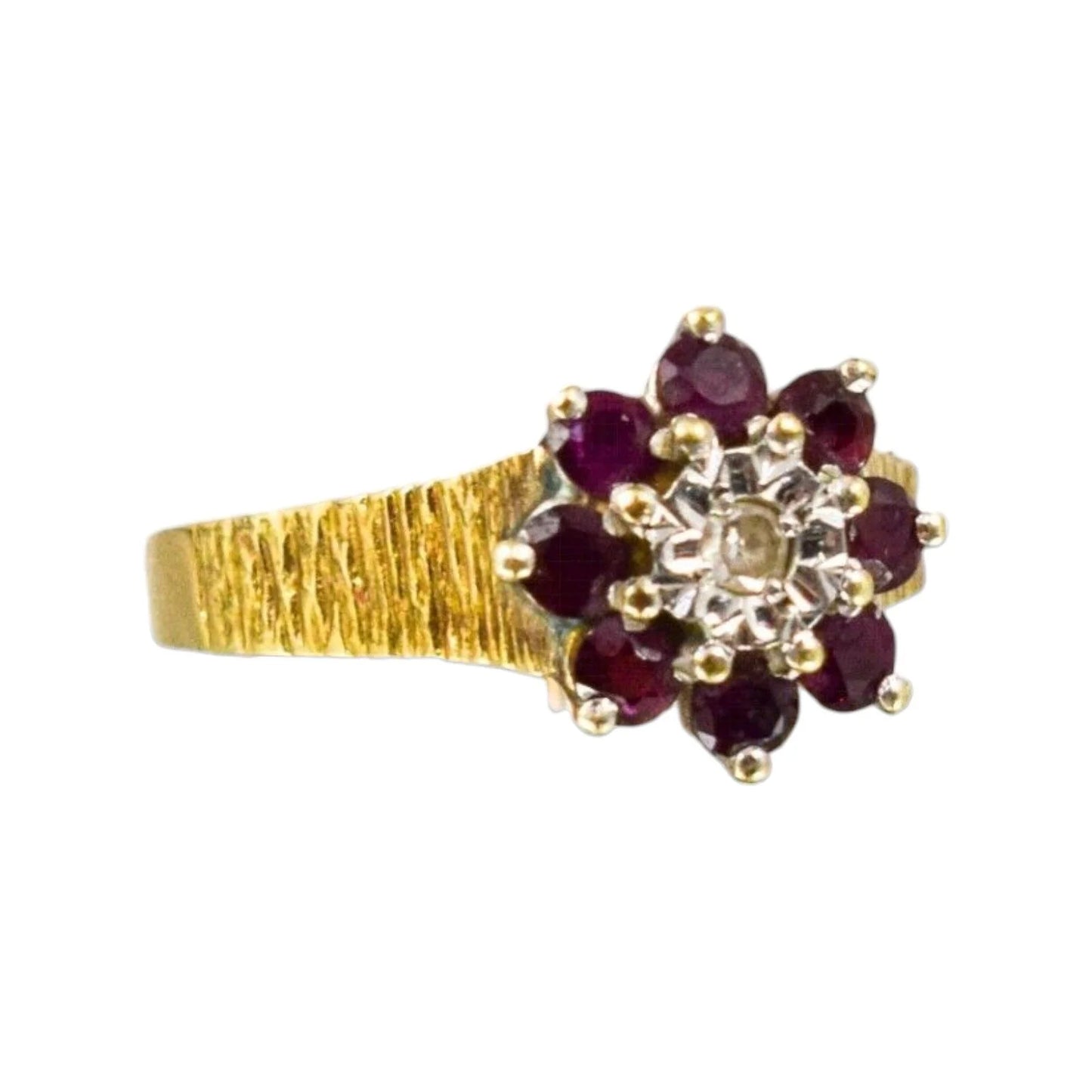 1970’s 9ct yellow gold ruby diamond floral cluster halo ring with textured shank, size M 1/2