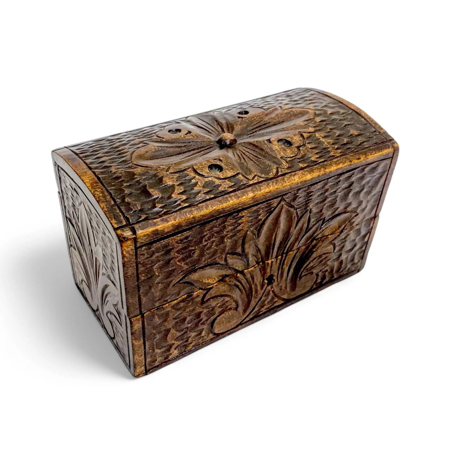 Antique Black Forest Gothic Revival wood keepsake box with floral carving, Germany c. 1890s