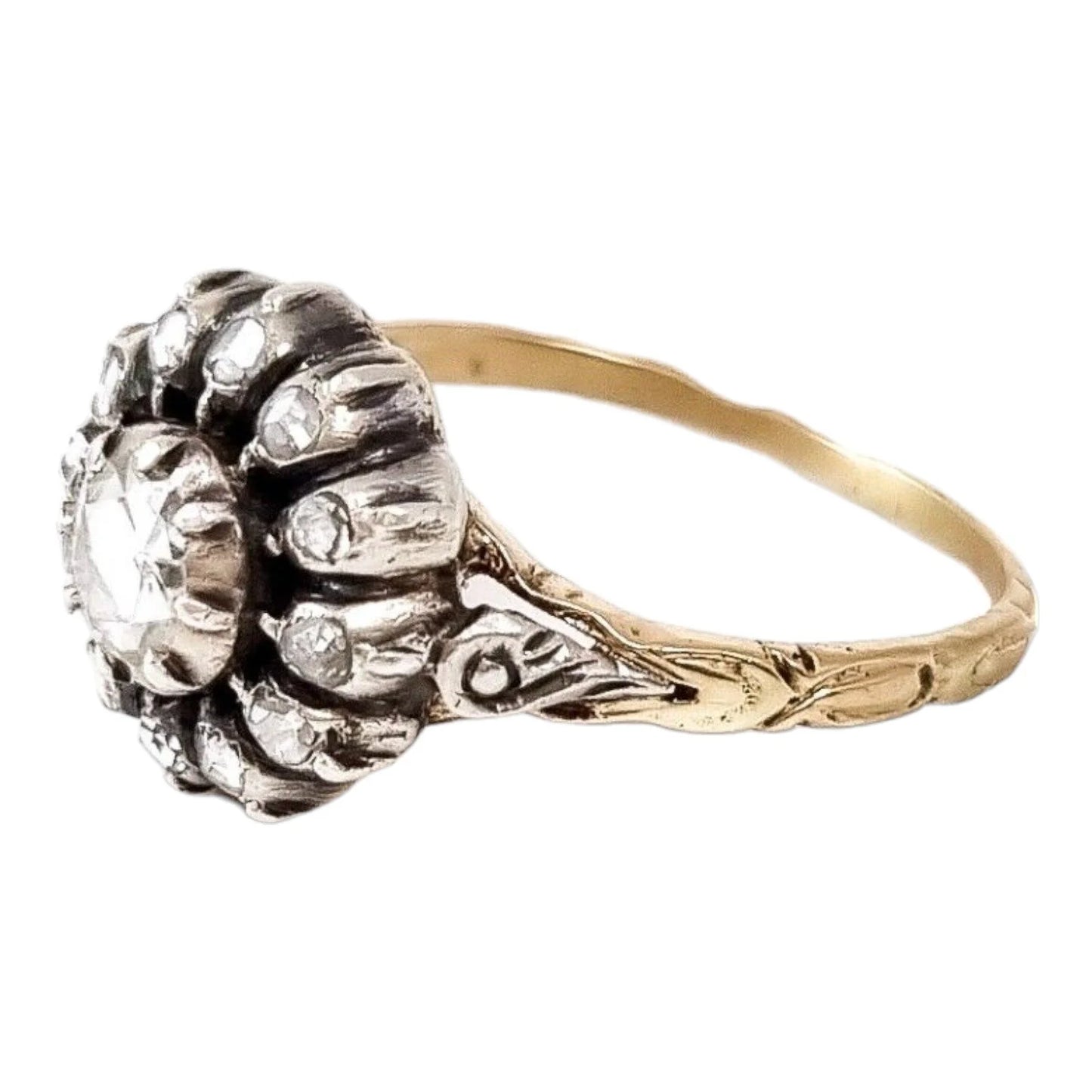 Victorian rose-cut diamond & yellow gold flower cluster ring in Georgian style, size O 1/2