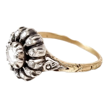 Victorian rose-cut diamond & yellow gold flower cluster ring in Georgian style, size O 1/2