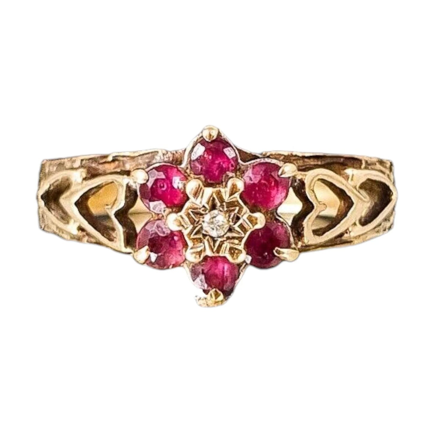 1970’s 9ct yellow gold ruby and diamond floral cluster halo ring with pierced heart shank, size O