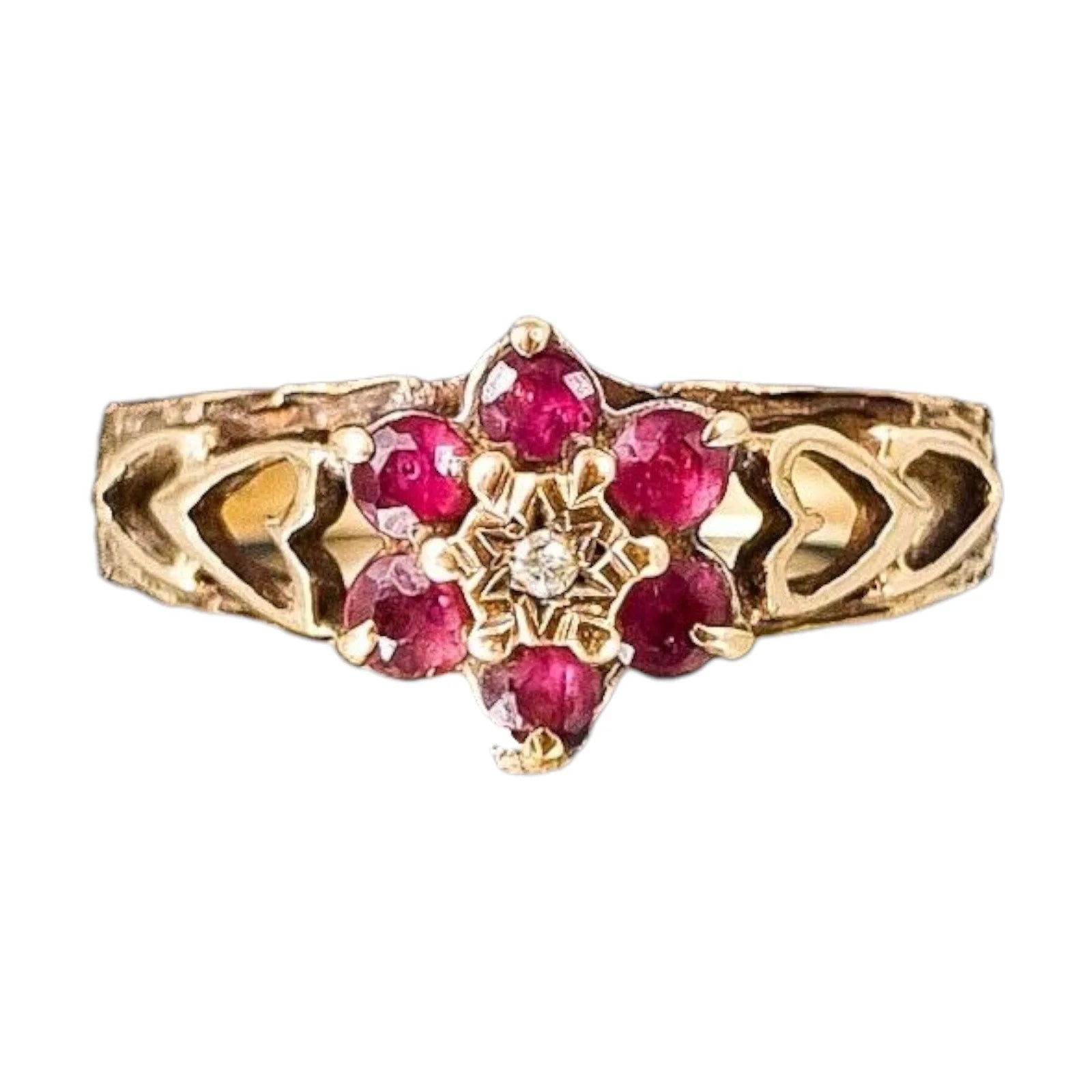 1970’s 9ct yellow gold ruby and diamond floral cluster halo ring with pierced heart shank, size O