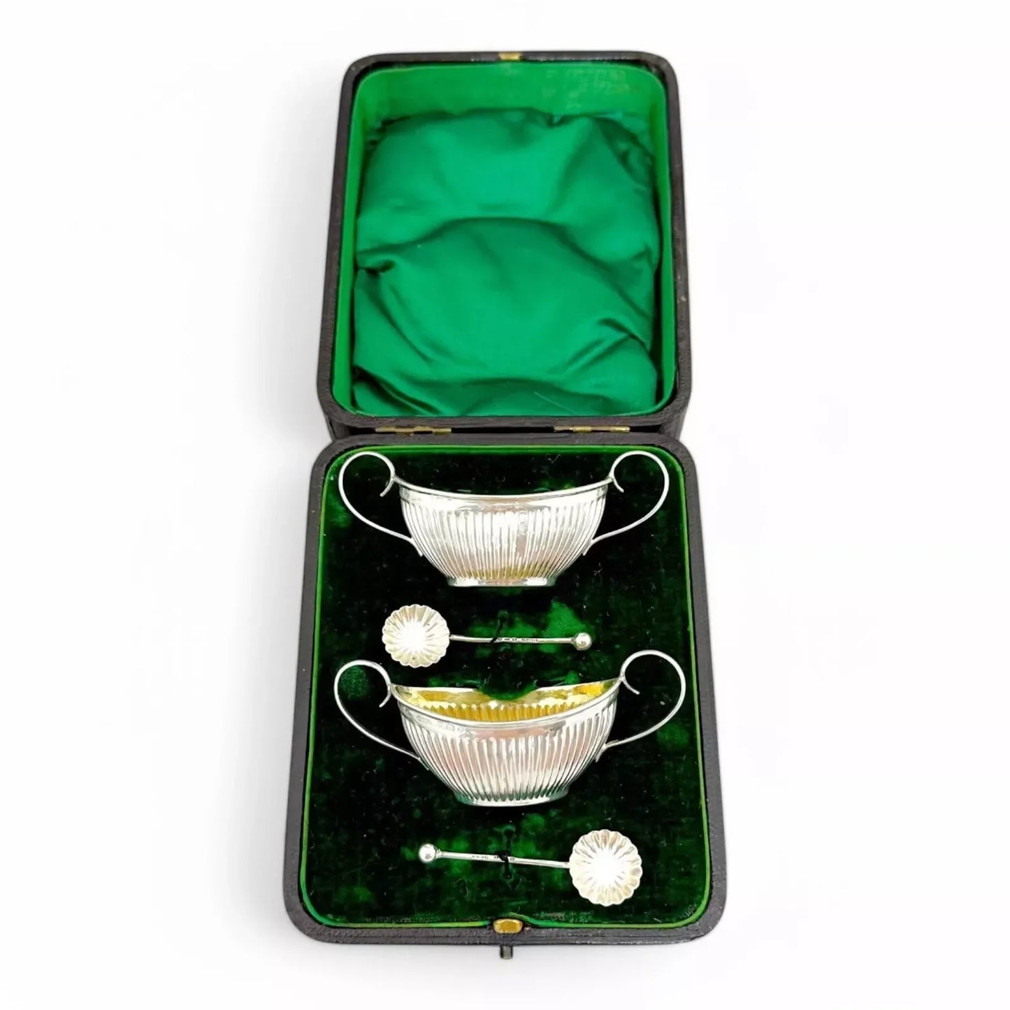 Neoclassical gilt sterling silver boxed navette salts with shell spoons