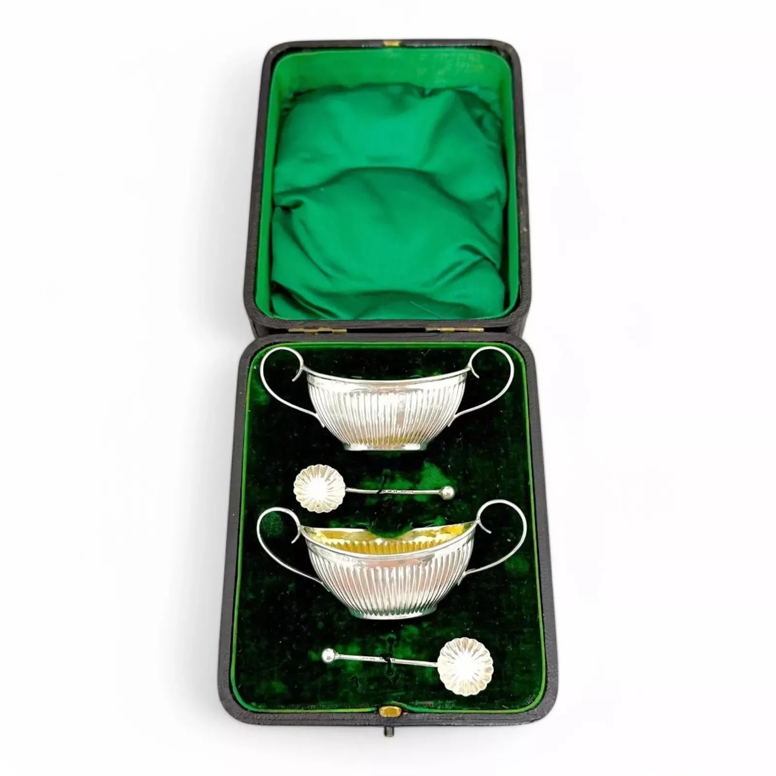Neoclassical gilt sterling silver boxed navette salts with shell spoons