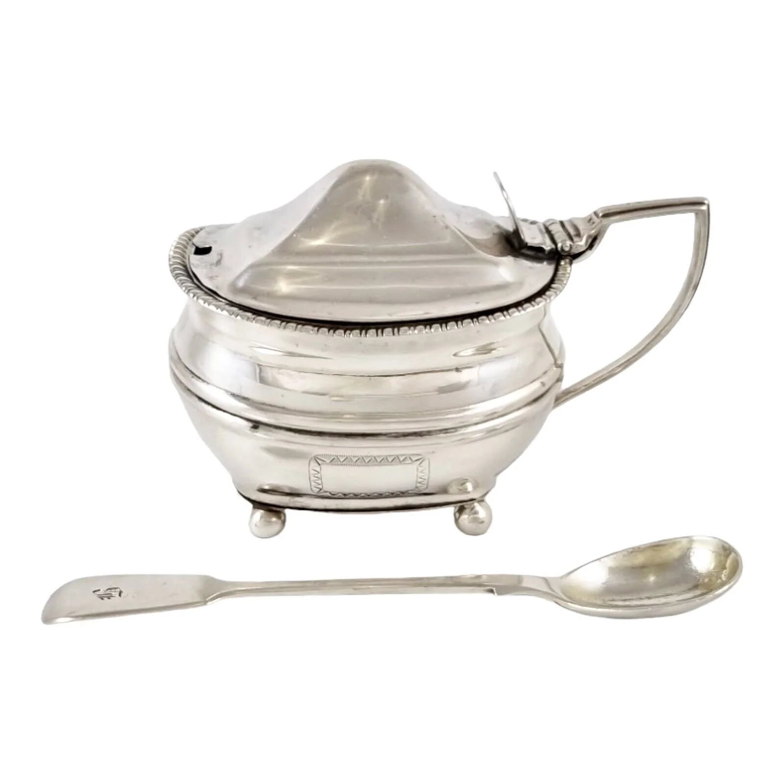 George III sterling silver mustard pot and spoon, Duncan Urquhart & Naphtali Hart, 1809