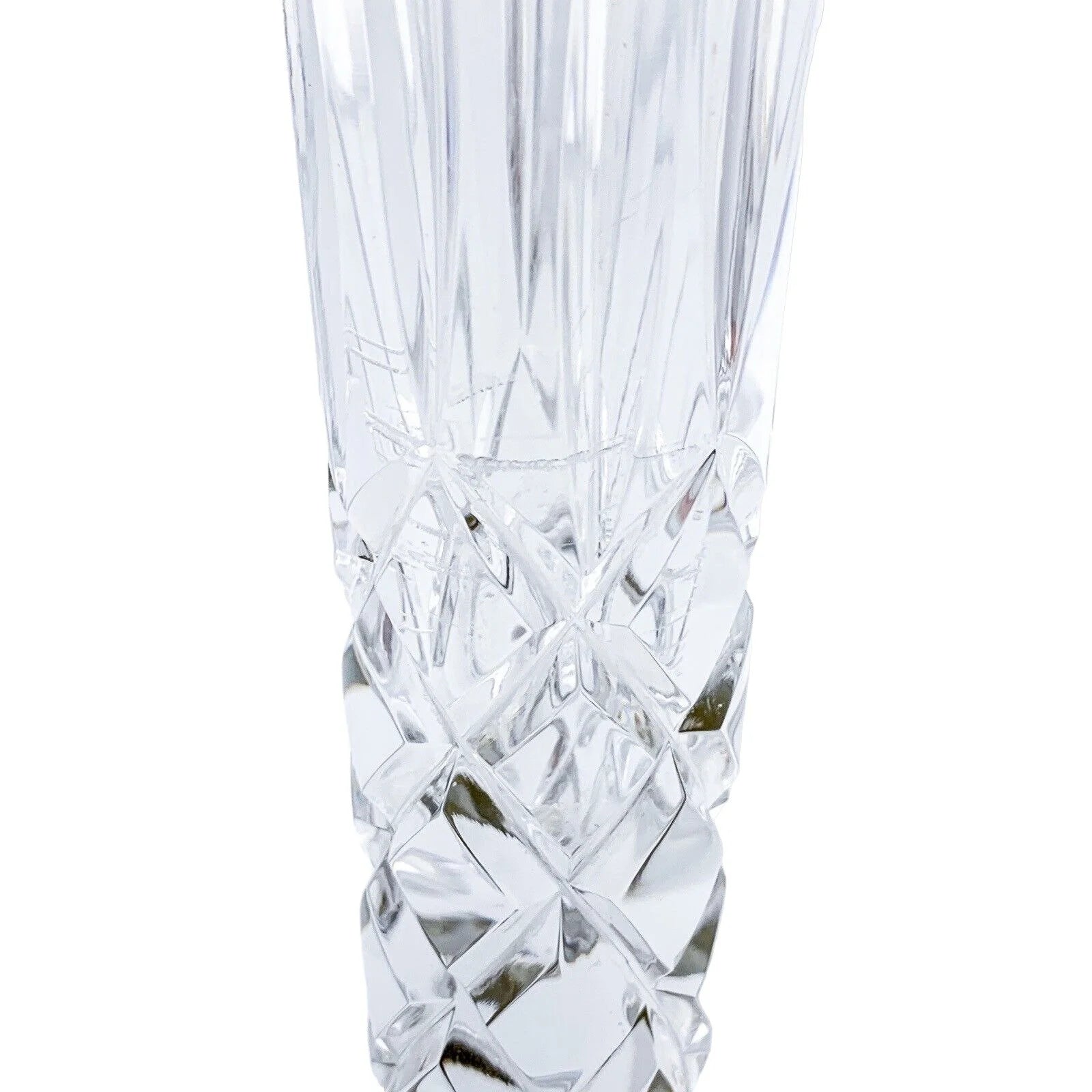 Tall crystal trumpet vase resting on a sterling silver stepped round foot