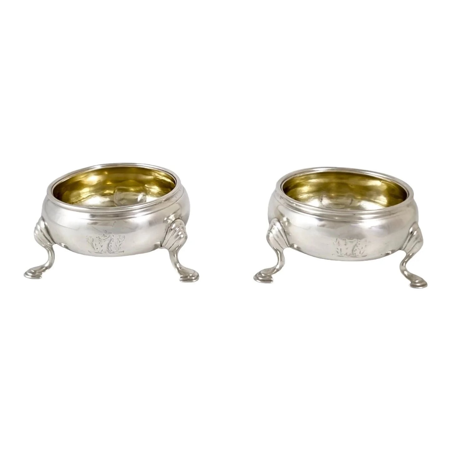 George II gilt sterling silver pair of two tripod cauldron salts, unicorn family crest, 1743