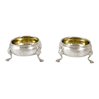 George II gilt sterling silver pair of two tripod cauldron salts, unicorn family crest, 1743