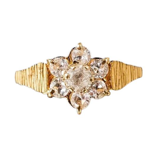Vintage 1970’s 9ct yellow gold floral cluster halo dress ring with textured shank, size N 1/2