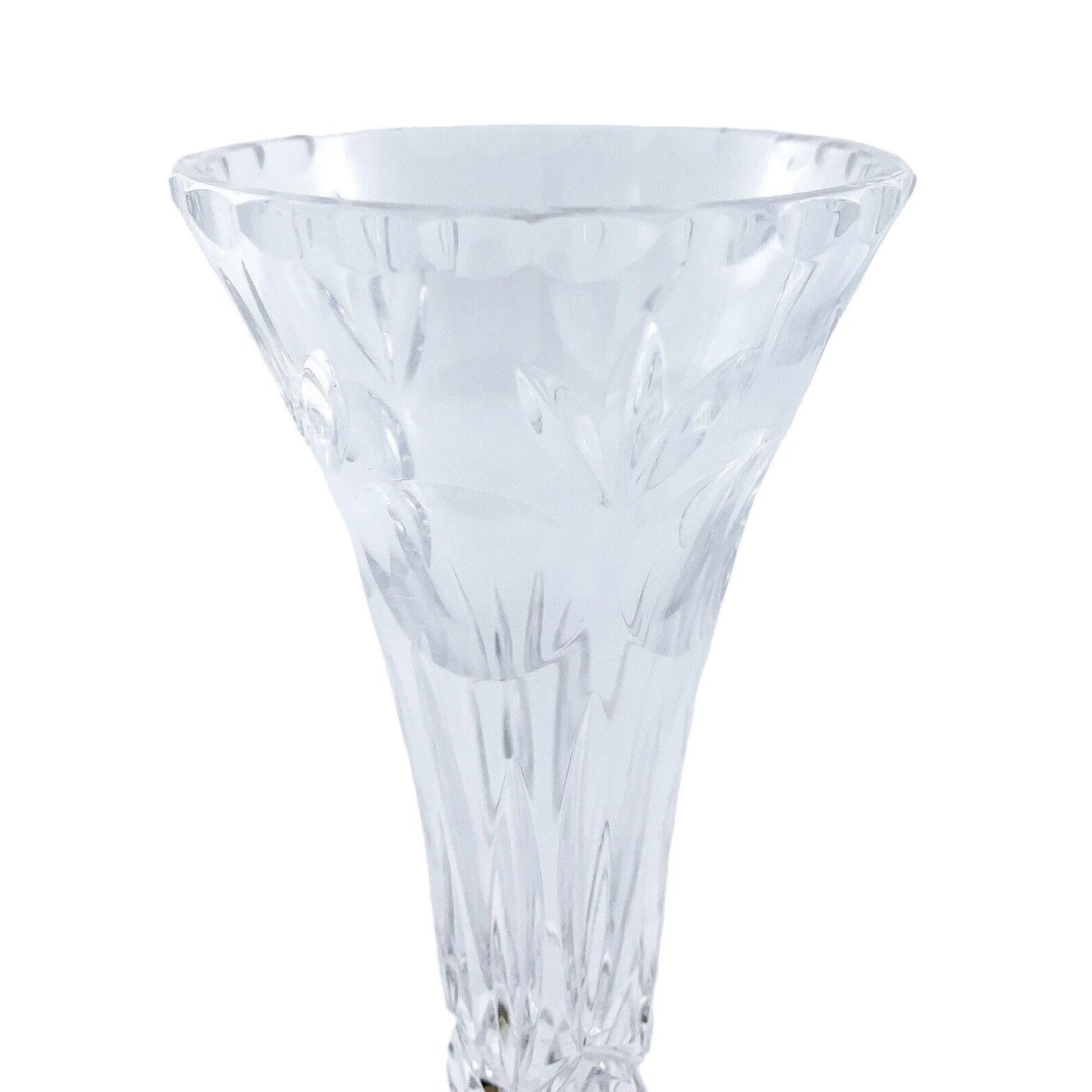 Tall crystal trumpet vase resting on a sterling silver stepped round foot
