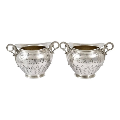 American 19th century P.L. Krider pair of large gilt silver table salts with ram horn handles and palmettes