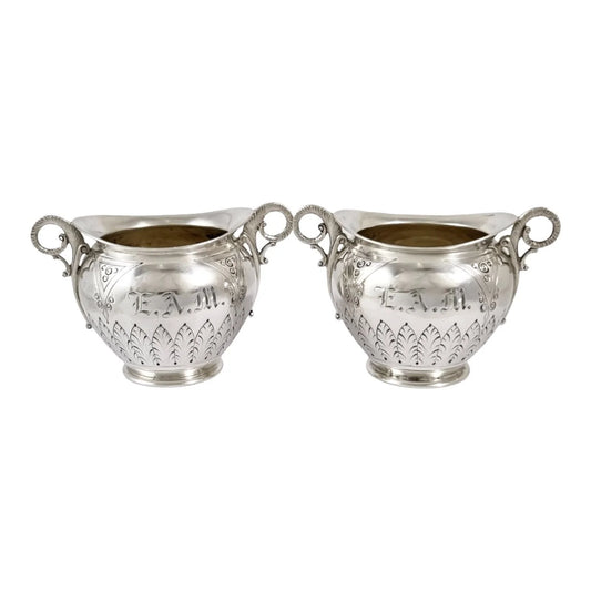 American 19th century P.L. Krider pair of large gilt silver table salts with ram horn handles and palmettes